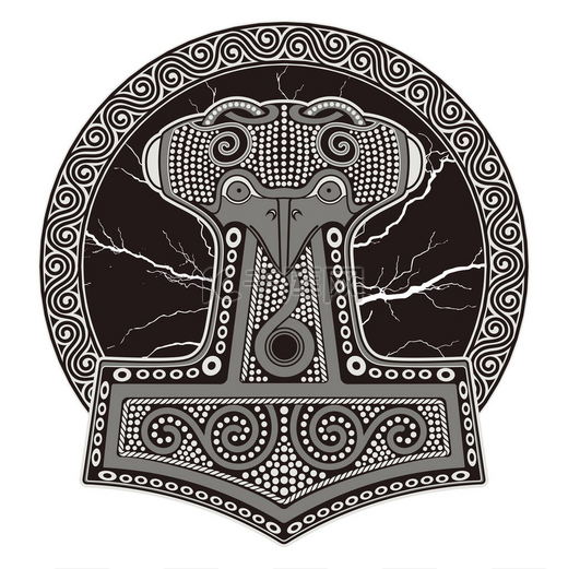雷神之锤-Mjollnir。闪闪发光的闪电和斯堪的纳维亚的装饰背景图片