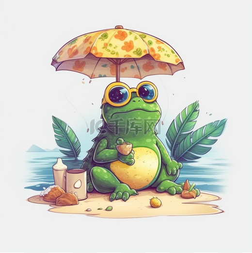 夏天手绘沙滩喝饮料青蛙图片