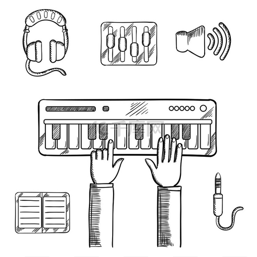 录音和音乐图标与演奏电子键盘、耳机、音量滑块、扩音器、平板电脑或 MP3 播放器以及声音插孔或插头的人素描。图片