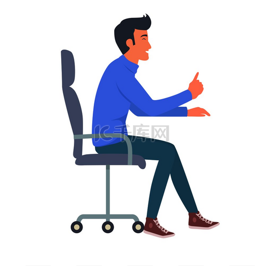 穿着牛仔裤和蓝色 T 恤的男人坐在椅子上，侧视矢量图解。图片
