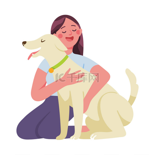 一个女人拥抱她的狗，一个年轻女子抚摸她心爱的狗的头与温暖和爱，人类和他们的宠物之间的关系的概念，收养不购物图片