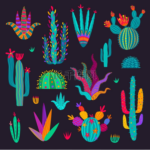 卡通墨西哥仙人掌，矢量仙人掌在背景上孤立的彩色涂鸦风格。图片