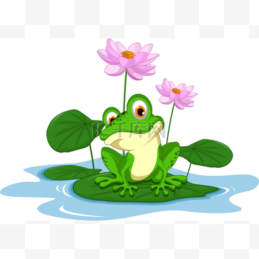坐在一片叶子上的有趣的绿色青蛙卡通图片