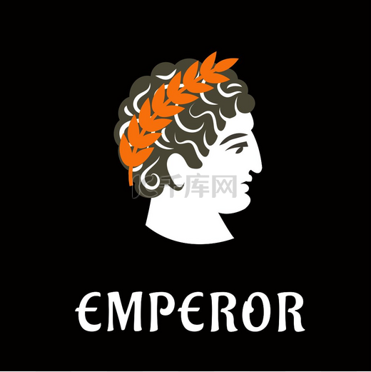 罗马皇帝朱利叶斯·凯撒的头像，深棕色背景上戴着金色月桂花环，上面写着“皇帝”字样，扁平风格。图片