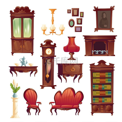维多利亚时代的室内起居室用品、豪华皇家茶具、壁炉、扶手椅和沙发、祖父钟、台灯和枝形吊灯、橱柜、图片和桌子、卡通矢量插图。图片