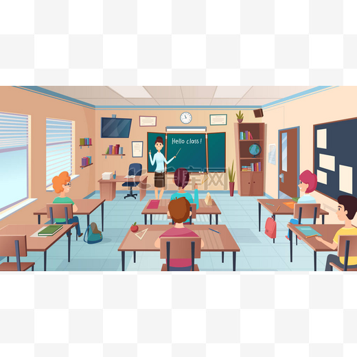 课堂上课。课桌前的学生和老师站在一起，指着孩子在黑板矢量卡通背景附近学习图片
