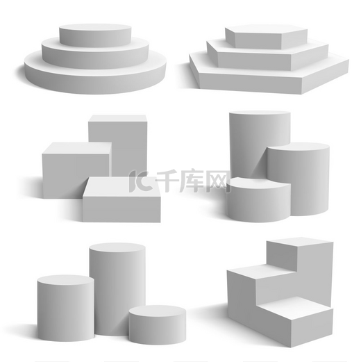 白色3讲台逼真的底座圆柱体和圆形支架舞台几何三维展示平台矢量插图集舞台底座平台用于展示逼真的几何基础白色3讲台逼真的底座圆柱体和圆形图片