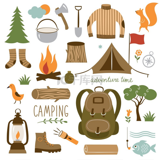 露营徒步旅行图标集露营徒步旅行图标集矢量艺术插图图片