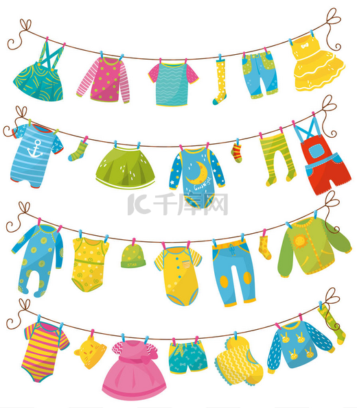 在绳子上的儿童衣服的平面向量集。新生男孩或女孩的服装。紧身衣裤, 裙子, t恤衫, 毛衣, 裤子, 婴儿爬衣, 帽子, 袜子, 礼服。儿童服装图片