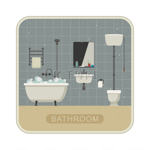 浴室内部有垃圾纹理。浴室复古平面插图，配有马桶、水槽和卫生用品。图片