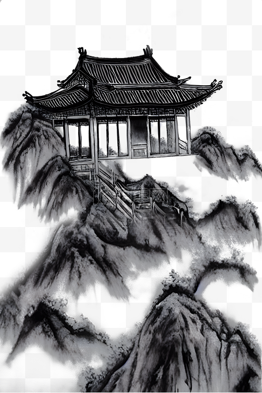 山顶上的寺庙水墨图片