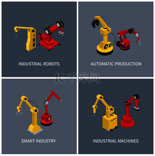 工业机器人和智能自动机组，现代工业的矢量图示，使用最新技术生产各种产品。图片