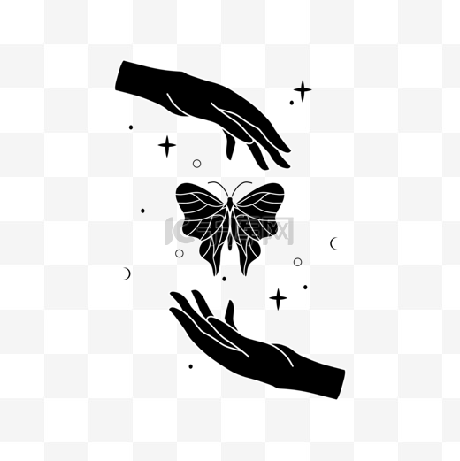 波西米亚风格双手蝴蝶黑白插画图片