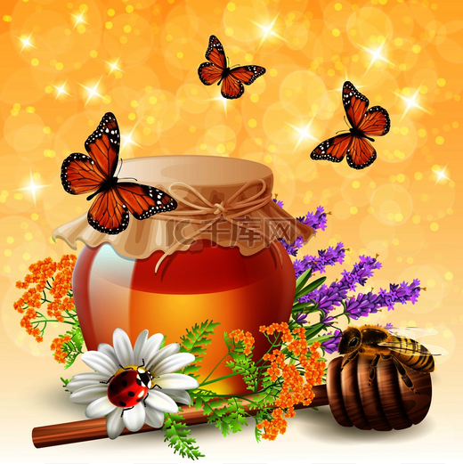 飞行的蝴蝶瓢虫和蜜蜂逼真的昆虫组合与薰衣草和野花蜂蜜罐矢量图。图片