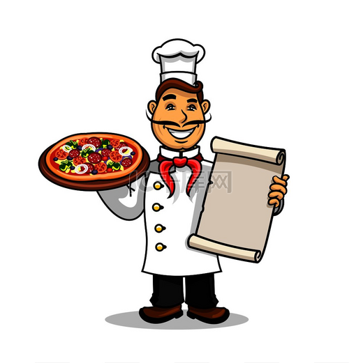 披萨店的标志意大利厨师穿着制服带着烹饪帽拿着菜单卡模板和披萨餐厅招牌菜单装饰的矢量标志披萨店的标志厨师带菜单卡和披萨图片