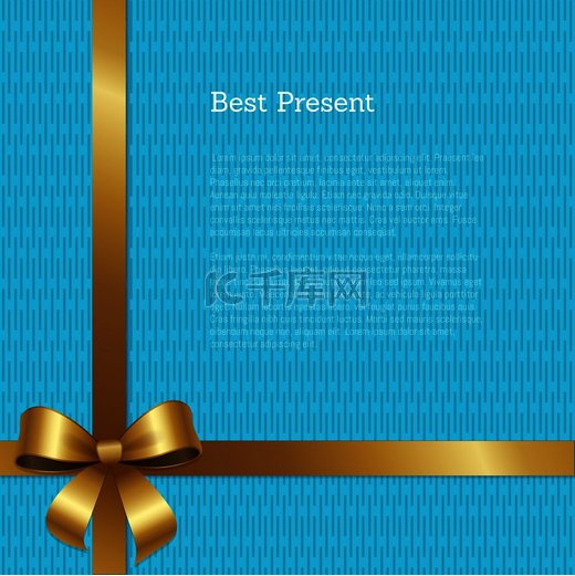 最佳礼物证书或贺卡设计，在矢量的左角带有带金色蝴蝶结的交叉丝带，文本在抽象蓝色上隔离。图片