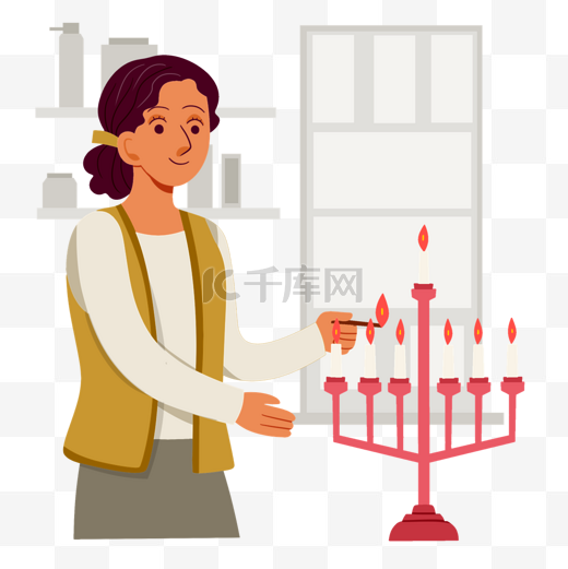 犹太光明节卡通点蜡烛的女人图片