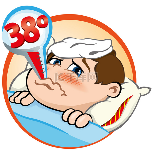 插图是发烧的躺在床上有症状生病的孩子和在他嘴里的温度计图片