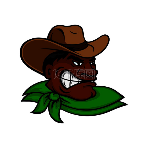 残酷的卡通西部牛仔牛仔或牧场主角色与愤怒的黑皮肤男人，戴着棕色帽子和绿色围巾。图片