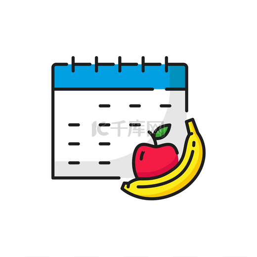 饮食计划健康饮食日历页面有机苹果和香蕉水果隔离轮廓图标矢量列表饮水提醒时间表日常营养计划素食健康饮食日历概述饮食计划图片