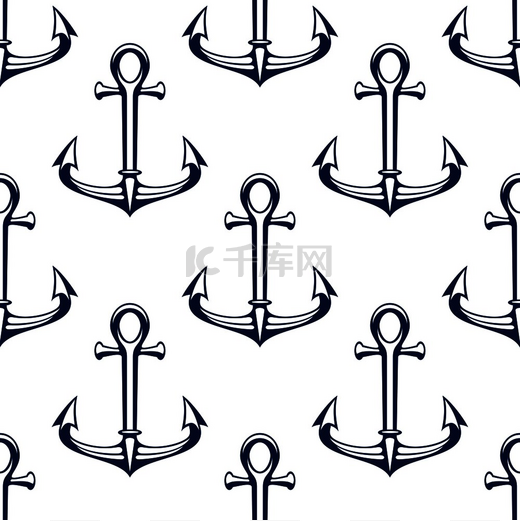船锚无缝海洋图案航海背景深蓝色轮廓锚定在白色之上旅行探险或海军纹章设计无缝海洋图案蓝色船锚图片