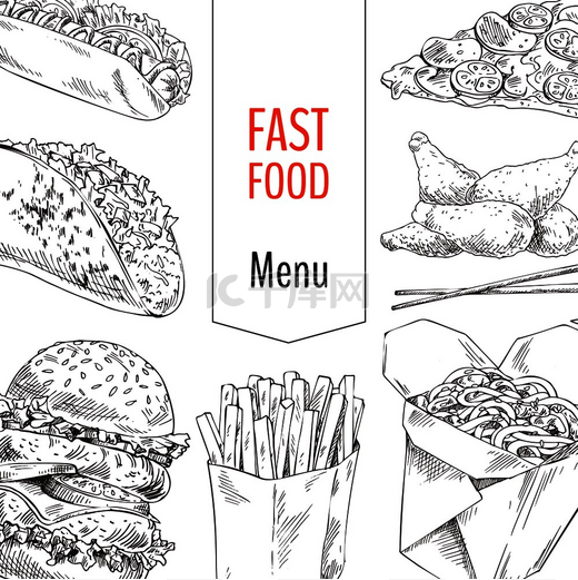 快餐菜单上画着一套传统的肉类菜肴炸鸡和面条在包装中和美国汉堡包矢量插图快餐菜单草图集矢量插图图片