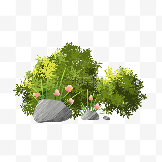 绿色灌木边的石头图片
