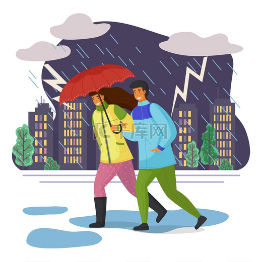 长发女人穿绿色夹克，穿蓝色风衣的男人在倾盆大雨中带着红伞走路，危险的闪电，打雷。图片