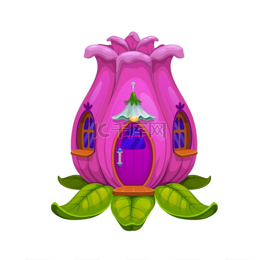 精灵花蕾之家或精灵女巫之家矢量侏儒之家卡通粉色花朵建筑入口上方有木门窗户和灯笼绿叶上的梦幻童话般的房子仙女花蕾屋或居住的精灵女巫图片