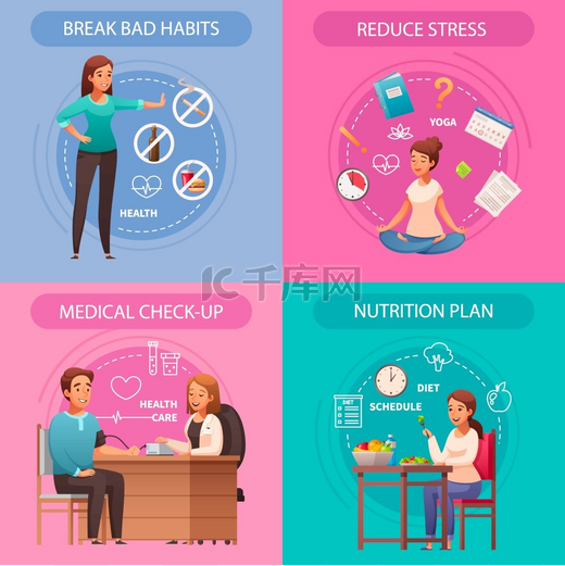 健康的生活方式概念4个有坏习惯的卡通作文打破压力减轻体检营养矢量插图图片