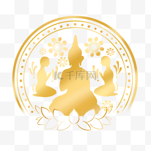 质感泰国万佛节镂空金色圆形花纹人物插画图片