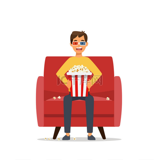 男孩坐在沙发上看电视,把爆米花与白色背景隔离在一起.电影时间到了在家看电影的概念。矢量存量图片