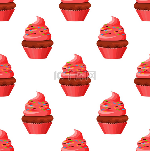 纸杯蛋糕配巧克力饼干和漩涡奶油焦糖在白色上隔离简单卡通风格的蛋糕馅料和粉红色透气的果肉轻烤甜矢量插图纸杯蛋糕配巧克力饼干和漩涡浇头图片