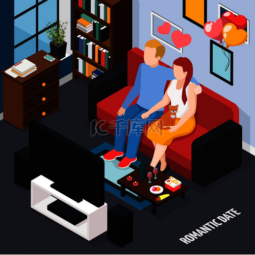 两人在家等距组合的浪漫约会晚餐，情侣在沙发上看电视矢量插图。图片