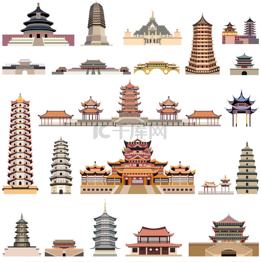 中国宝塔和古老的寺庙和塔的向量集合图片