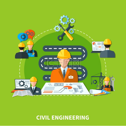 建筑开发图标组成平面设计工程师和建筑工人的土木工程组成人物机械和项目布局图像矢量插图图片