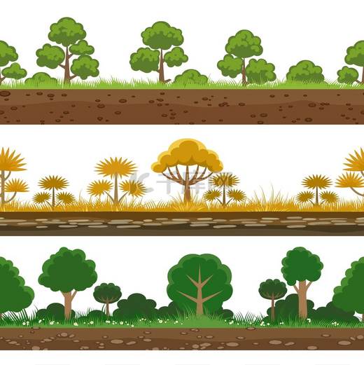 森林游戏横向无缝图案森林游戏背景树木草地和地面自然全景集卡通森林水平无缝图案矢量插图图片