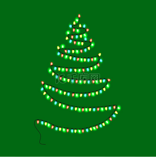 圣诞抽象树由花环制成，带有闪闪发光的灯矢量插图，在绿色背景、装饰性新年元素上隔离。图片