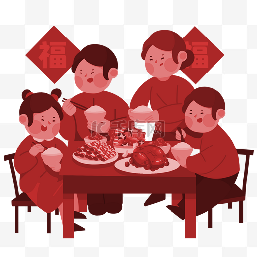 红色剪纸剪影新年除夕团圆春节家宴年夜饭图片