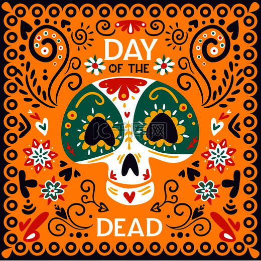 墨西哥亡灵节庆祝活动亮金黄色装饰海报配骷髅面具抽象矢量插图图片