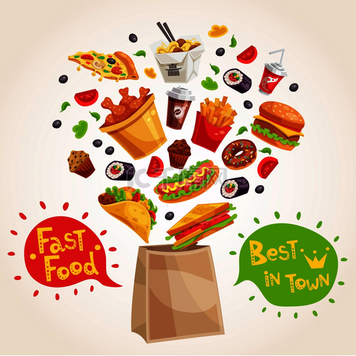 广告构图上有快餐菜纸袋和装饰的语音气泡背景为浅色矢量插图快餐广告构成图片