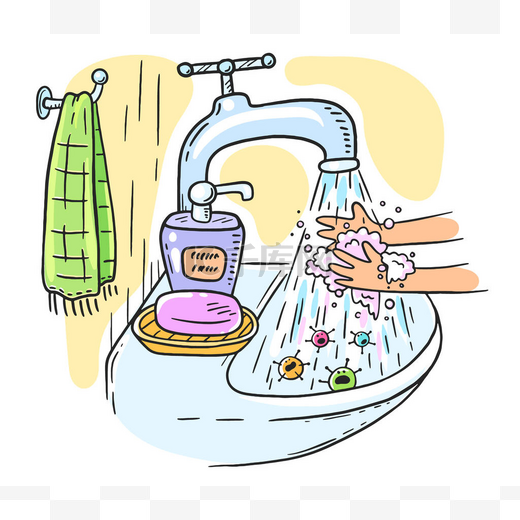 用肥皂或手部卫生洗手有助于预防感染和避免细菌和病毒图片
