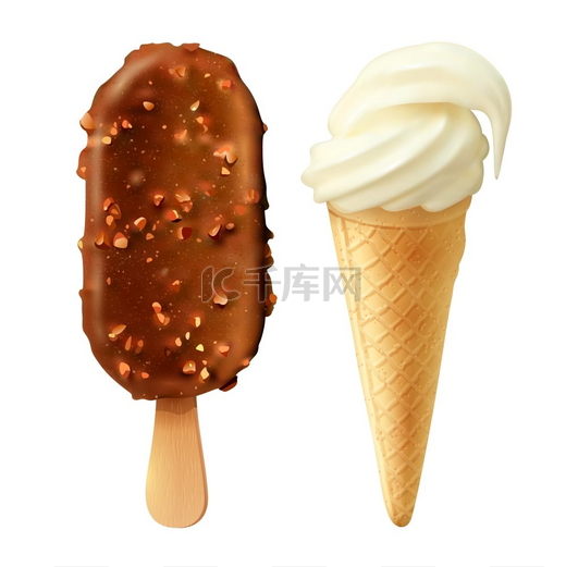 食物2冰淇淋真实场景香草口味的甜筒和巧克力冰淇淋条套装逼真的甜点零食食品矢量插图图片
