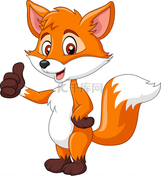 卡通滑稽狐狸放弃大拇指与白色背景隔离图片