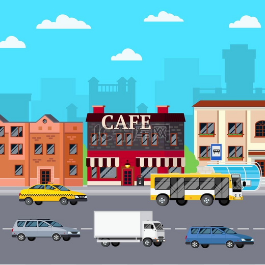 街头咖啡馆城市构成带有店面城市建筑正交图像的街头咖啡馆构图公交车站车厢矢量图图片
