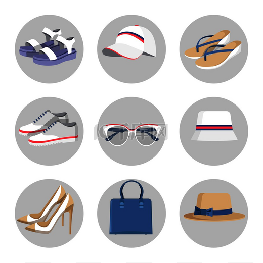 夏季模式盘旋图像、配件系列、包、太阳镜和帽子、人字拖和鞋子、矢量插图，以白色隔离。图片