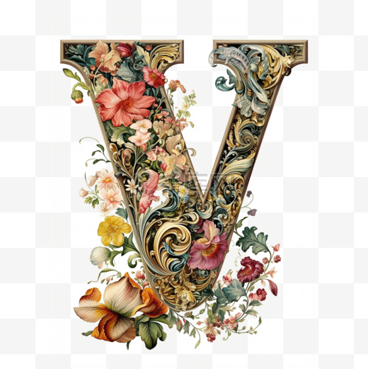 洛可可风格鲜花环绕字母系列字母V图片