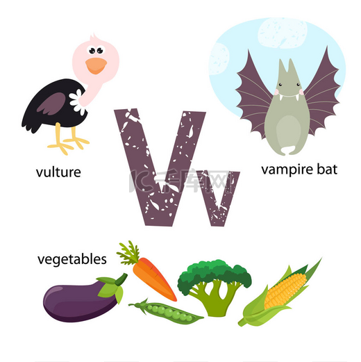 矢量插图教学儿童英语字母表与卡通动物和对象。