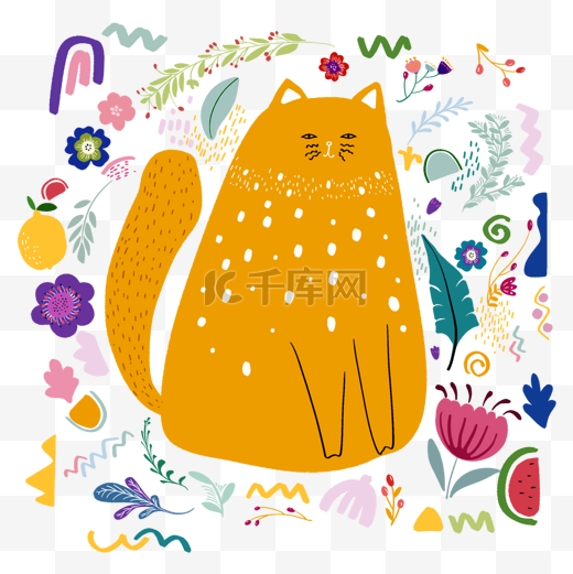 橘色抽象波西米亚猫咪涂鸦图片