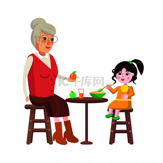 祖母与穿着黄色裙子的孙女共进晚餐，一家人在餐桌旁摆满了食物饮料和苹果，在矢量图上被隔离了。图片